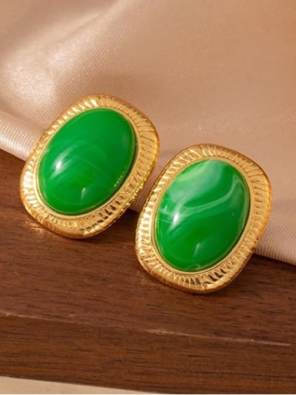 Anthropologie Gold-Tone Earrings with Bright Green Oval Cabochons